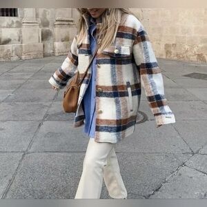Zara Plaid Jacket in Blue, Brown, and Cream